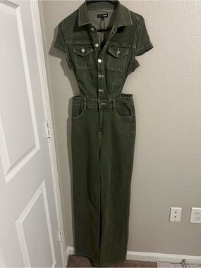 Fashion Nova Olive Utility Denim Jumpsuit